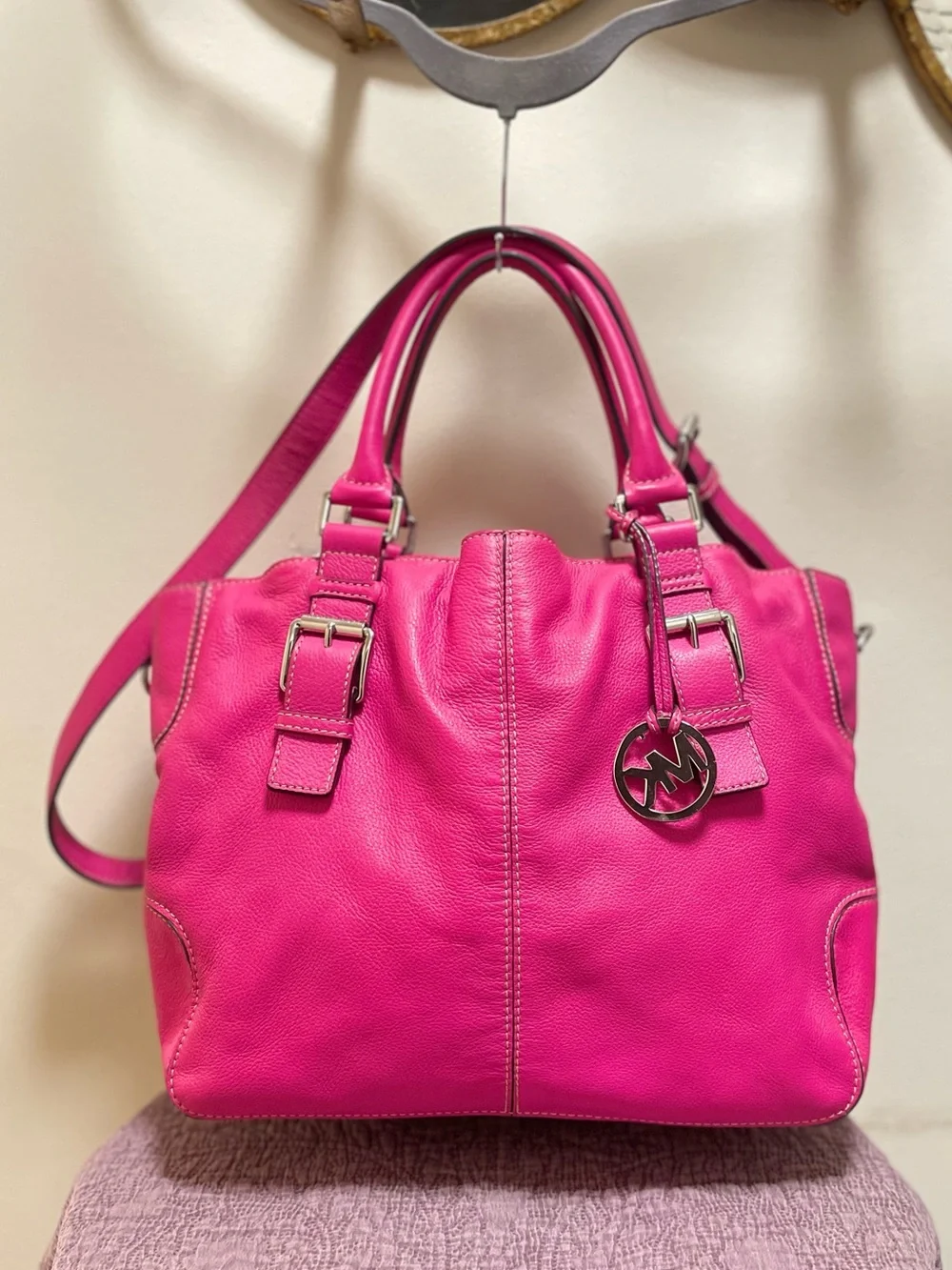 Michael Kors Brookville Large hot Pink Pebbled Leather Satchel convertible Bag